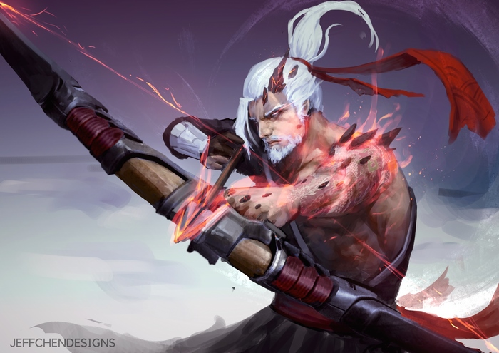 Hanzo from Overwatch with fiery dragon spirit