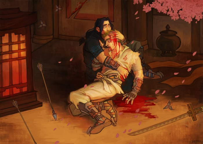 Hanzo from Overwatch holding a wounded man