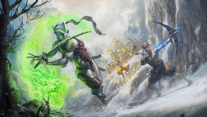 Genji and Hanzo from Overwatch in a snowy landscape