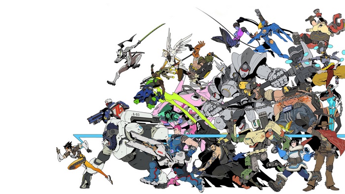 Overwatch characters in a dynamic group pose