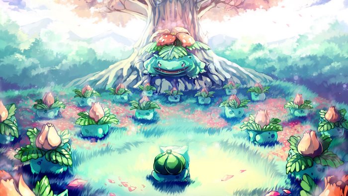 Bulbasaur and many young Bulbasaur in a forest