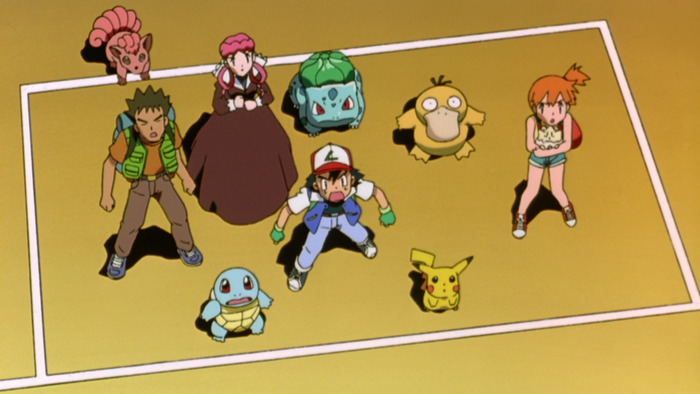 Pokemon characters and Pokemon in a ring