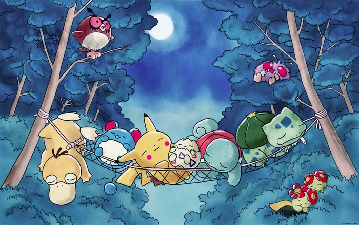Pokemon sleeping in a hammock at night