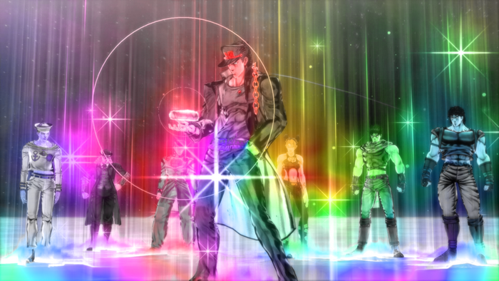 JoJo's Bizarre Adventure characters in colorful background