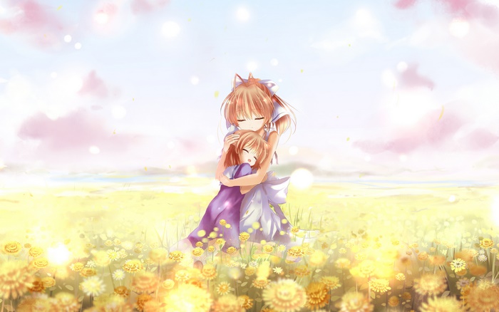 Ushio Okazaki hugging in a field of flowers