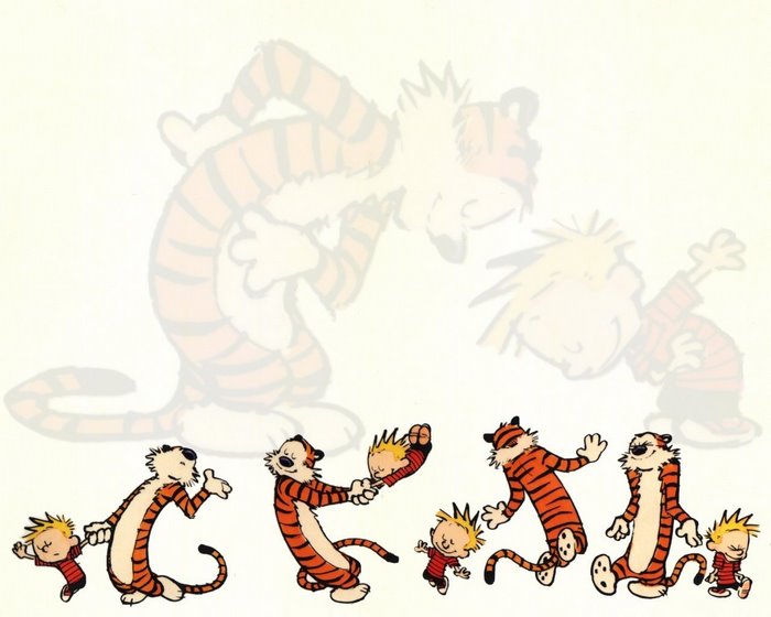 Calvin and Hobbes dancing and playing