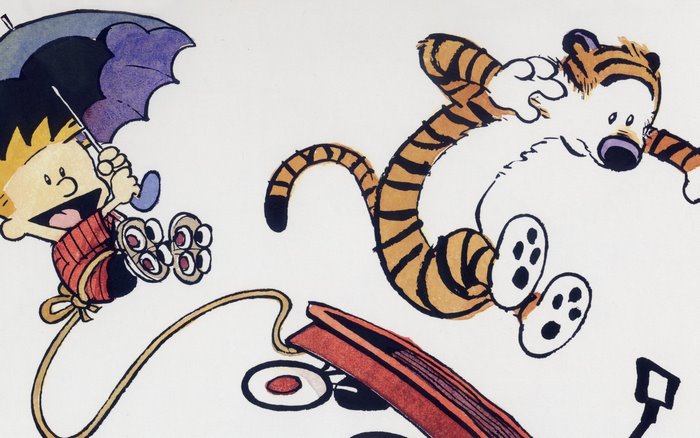 Calvin and Hobbes with an umbrella and roller skates