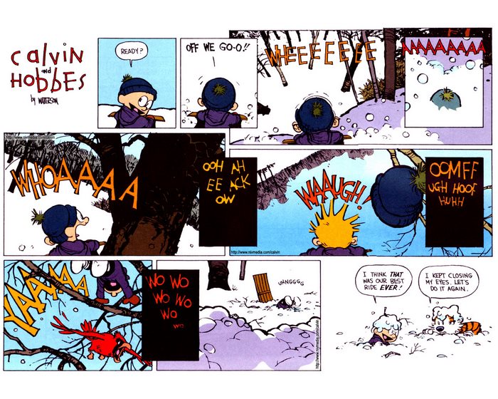 Calvin and Hobbes comic strip about sledding