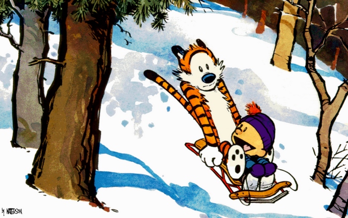 Calvin and Hobbes sledding in the snow