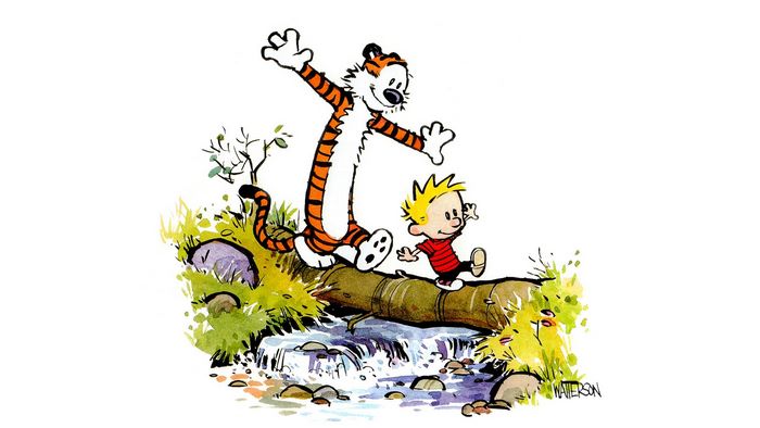 Calvin and Hobbes walking on a log