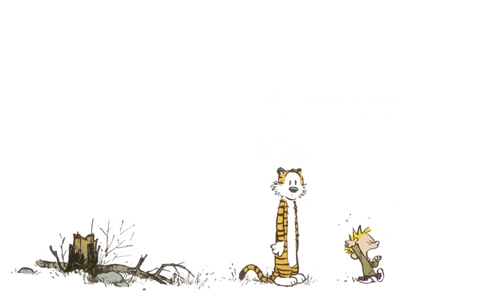 Calvin and Hobbes standing near a tree stump