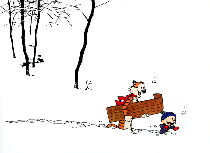 Calvin and Hobbes carrying a wooden sled in the snow