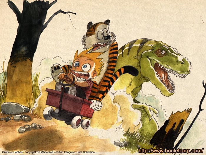 Calvin and Hobbes riding a wagon with a T-Rex