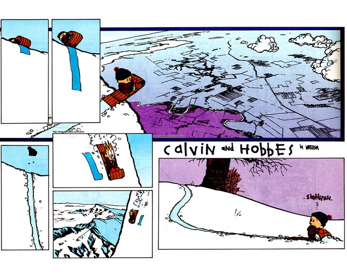 Calvin and Hobbes sledding down a snowy hill