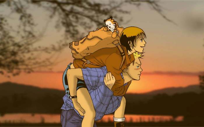 Calvin and Hobbes piggyback ride at sunset