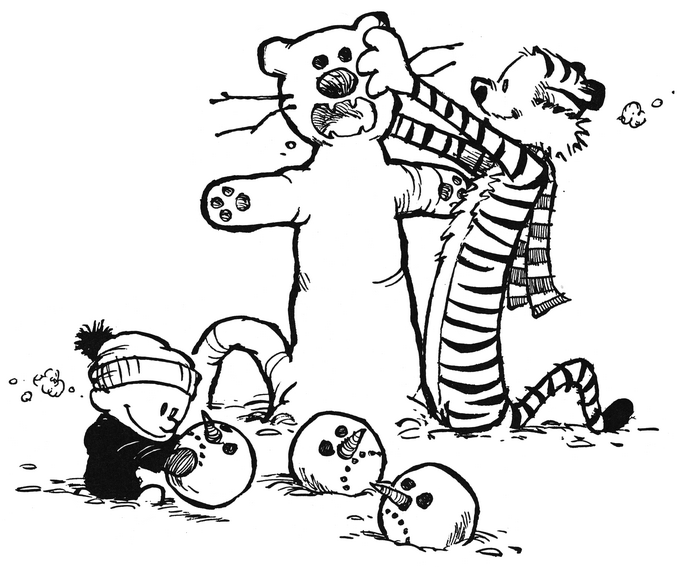 Calvin and Hobbes building snowmen