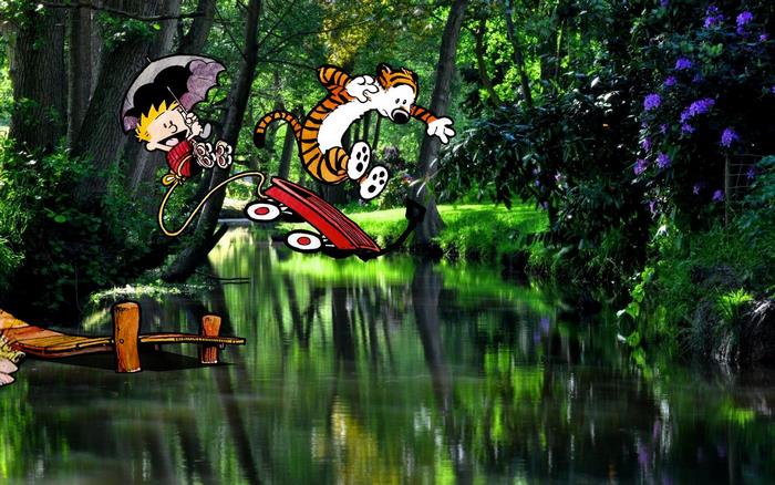 Calvin and Hobbes jumping into a river