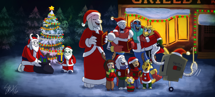 Undertale characters in Christmas outfits singing carols