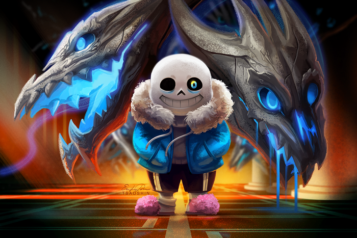 Sans from Undertale with dragon heads