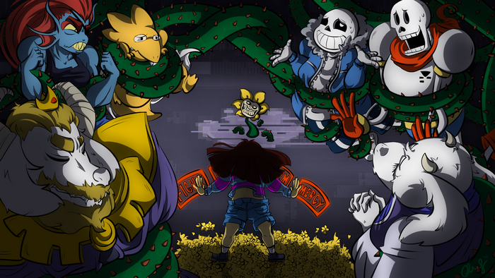 Undertale characters surrounding Frisk with Flowey above