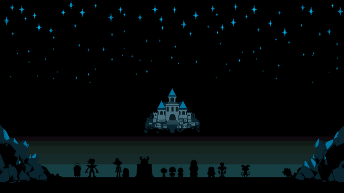 Undertale characters in front of a castle under a starry sky