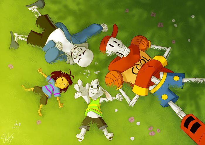 Sans, Papyrus, Frisk, and Asriel lying on grass