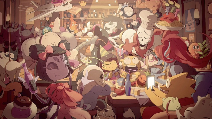 Undertale characters celebrating at a party