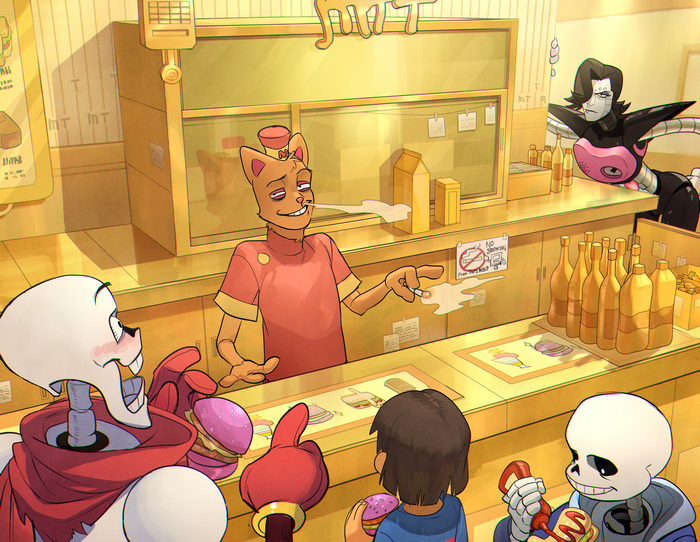 Characters from Undertale at a fast food restaurant