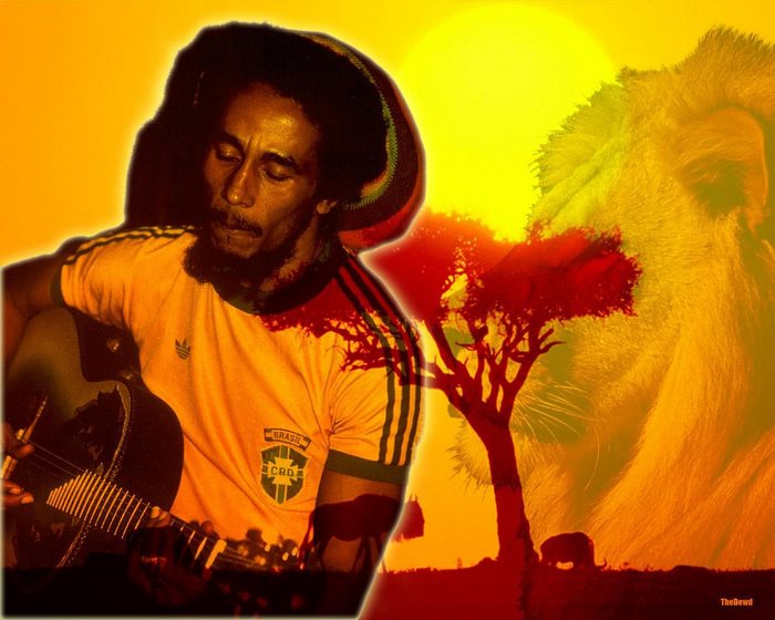 Bob Marley playing guitar with lion and African sunset