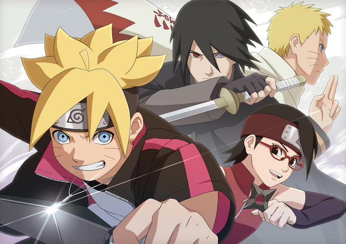 Boruto, Sasuke, Naruto, and Sarada from Boruto: Naruto Next Generations