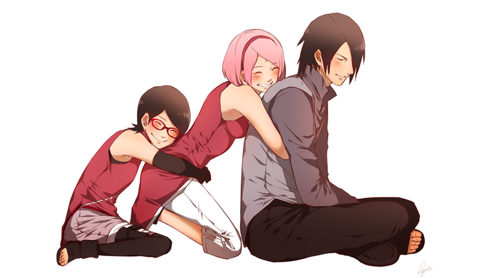 Sarada Uchiha, Sakura, and Sasuke from Naruto