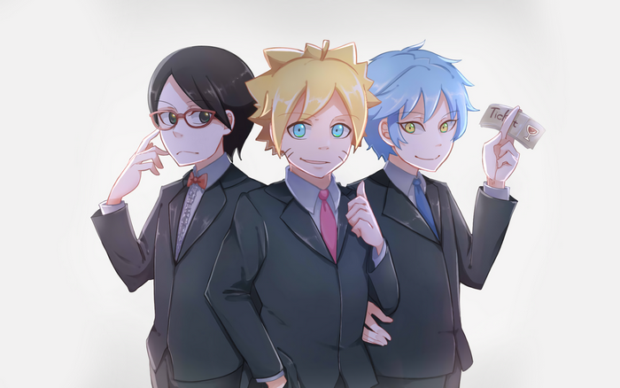 Sarada, Boruto, and Mitsuki in Suits