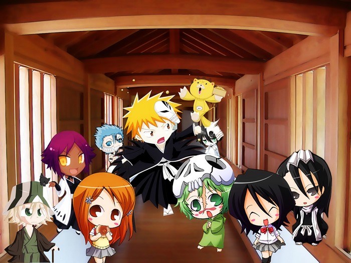 Chibi characters from Bleach in a hallway