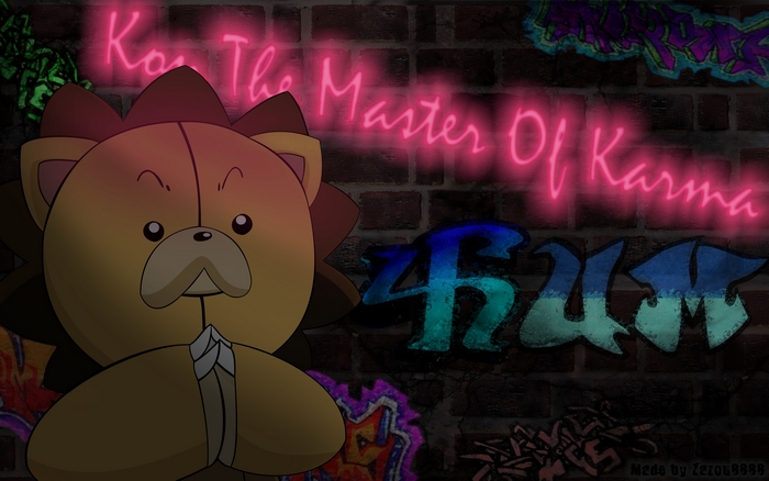 Kon from Bleach with neon sign and graffiti