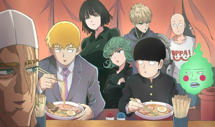 One-Punch Man and Mob Psycho 100 characters eating ramen
