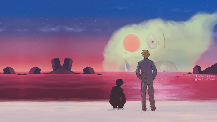 Shigeo Kageyama and Ritsu Kageyama facing a giant entity