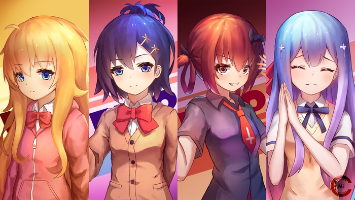 Four anime girls with different hair colors