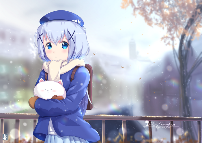 Chino Kafū holding a plush toy in winter