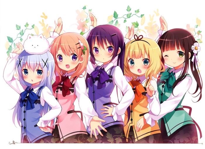 Five girls from Gochuumon wa Usagi Desu ka? posing