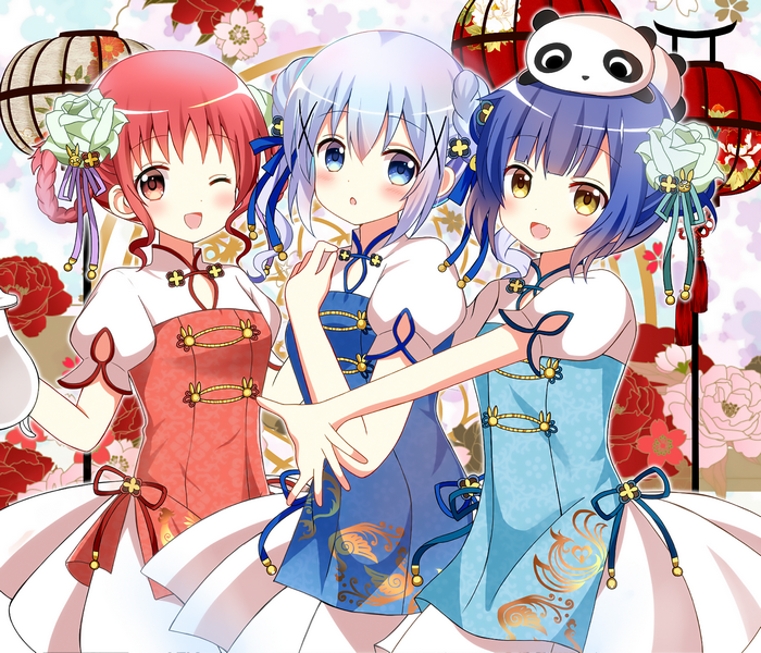 Three anime girls in traditional Chinese dresses