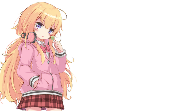 Anime girl with blonde hair and headphones holding a lollipop