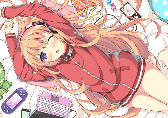 Gabriel Tenma White lying on bed with gadgets