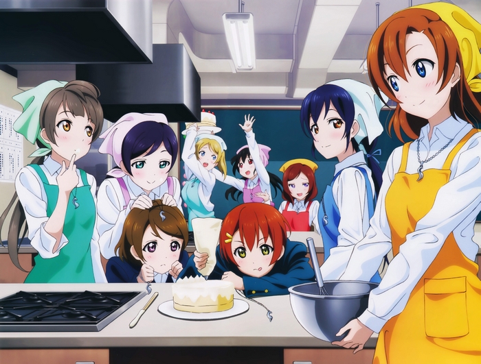Rin Hoshizora and friends baking in a kitchen