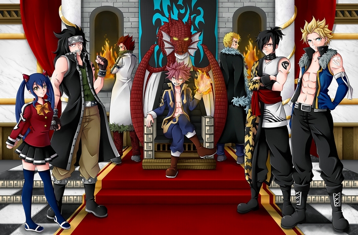 Fairy Tail characters with a dragon throne