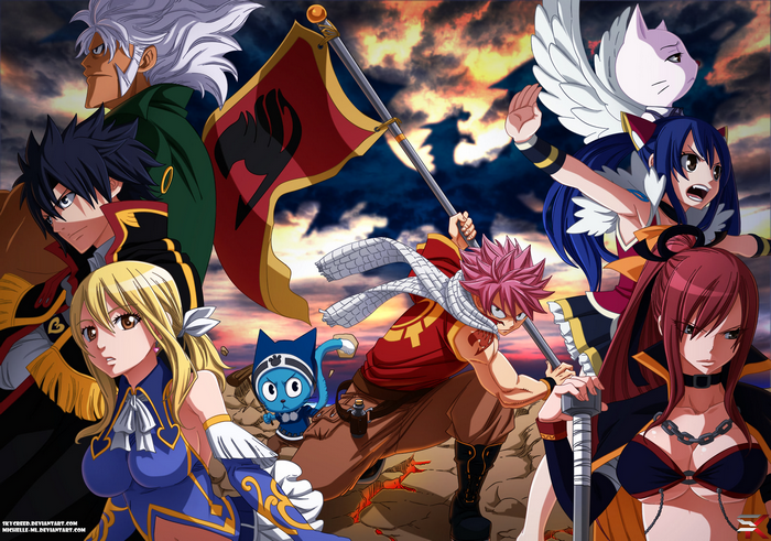Fairy Tail characters with Natsu holding a flag