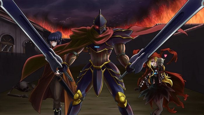 Ainz Ooal Gown and companions in a burning village