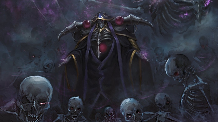 Ainz Ooal Gown surrounded by skeletons