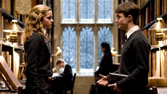 Harry Potter and Hermione Granger in library