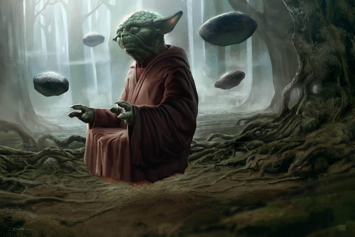 Yoda meditating in a forest