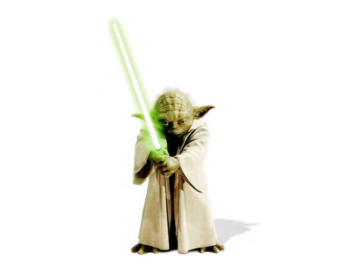Yoda from Star Wars holding a green lightsaber